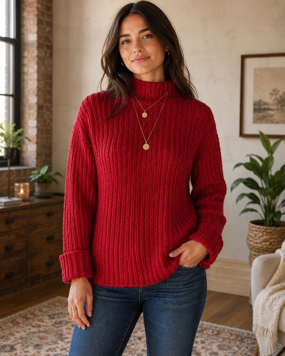 Abound Mock Neck Cozy Knit Pullover Sweater | Soft Red Chunky Knit Medium | NWT